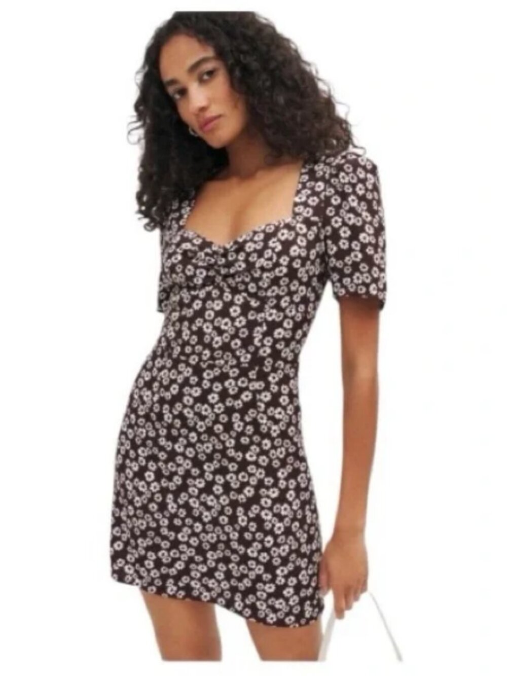 Reformation NWT Brittney Brown Floral Mini Dress Short Sleeve Ruched Size 2